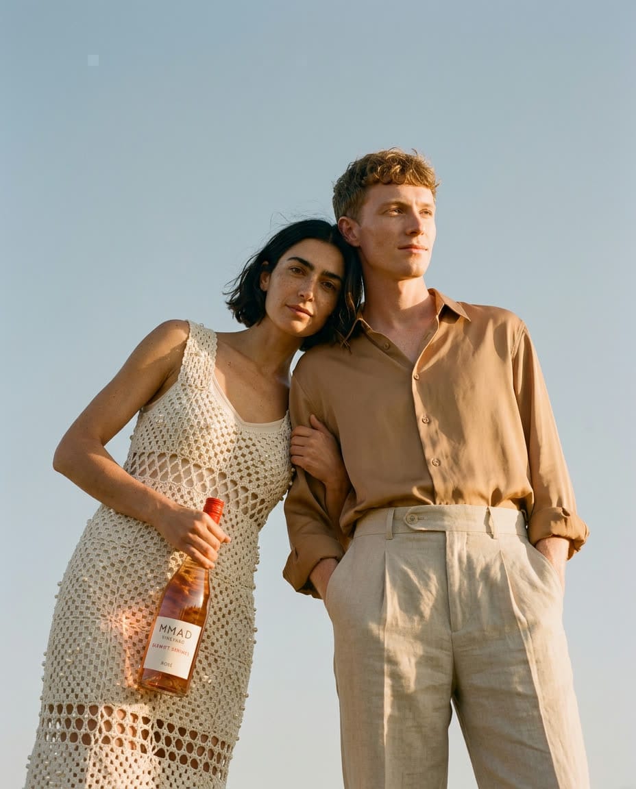 A couple under a clear sky, one holding a bottle of rosé