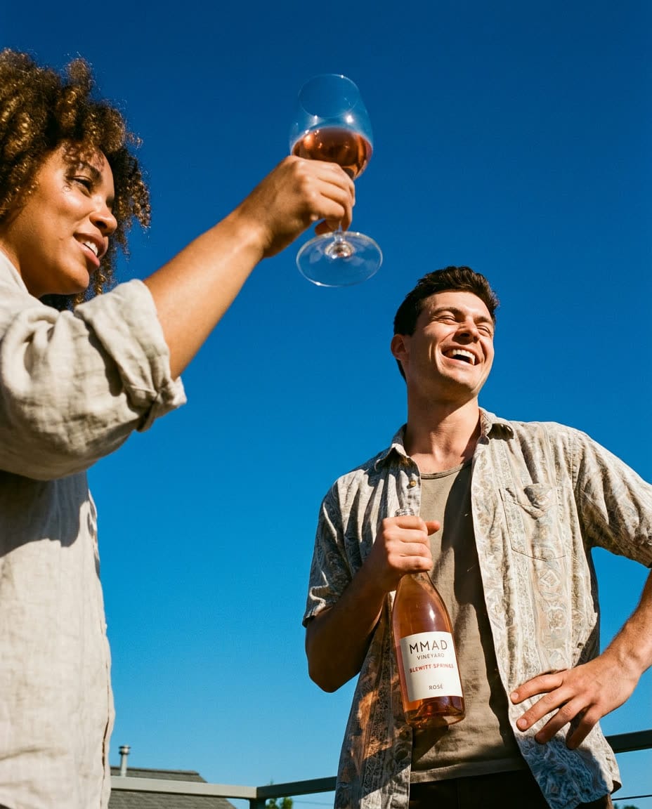 Woman raising a glass against a deep blue sky