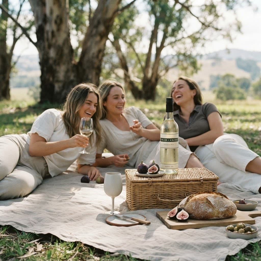 Friends on a picnic rug with wine